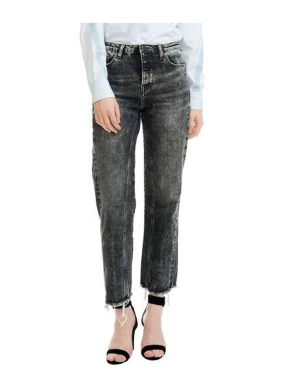 Maje Paola Acid Washed Cropped Frayed Jeans Raw Hem High Waisted Gray Size 38 Fr